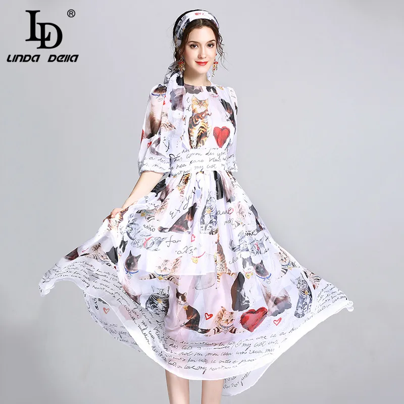 Wholesale High Quality New 2017 Runway Summer Dress Women's Half Sleeve Casual Animal Cat Letter Chiffon Printed Long Dress With Scarf Buy Cheap High Quality New 2017 Runway Summer Dress Women's Half Sleeve Casual Animal Cat Letter Chiffon Printed Long Dress With Scarf