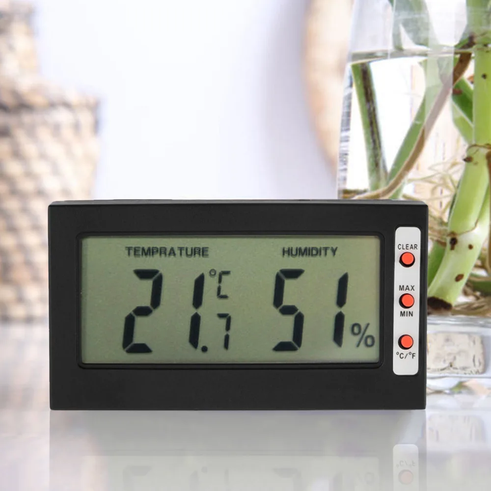 

Large Digital LCD Display Freezer Room Thermometer Hygrometer Max Min Memory Celsius Fahrenheit wih a Back Bracket Black