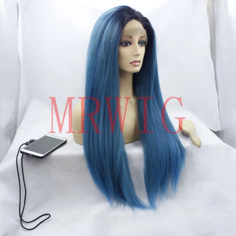 MRWIG длинный легкий yaki прямой фронтальный кружевной парик 1b # ombre смешанный синий