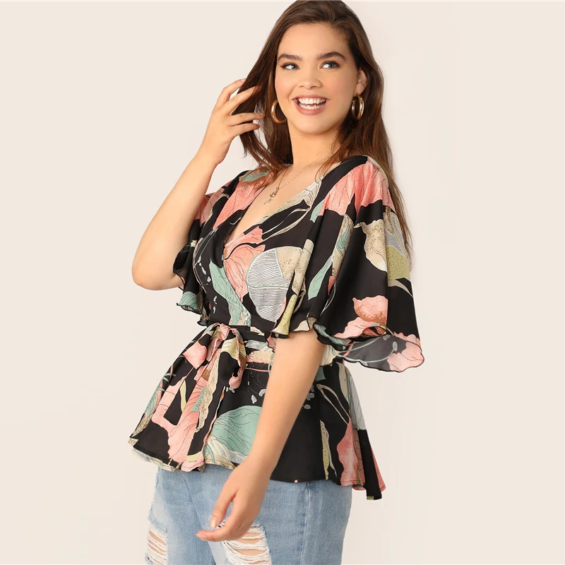 Шеин размера плюс, разноцветная блузка с цветочным принтом, рукавом-бабочкой и поясом, топ, блузка, женская летняя блузка с рукавом три четверти и поясом