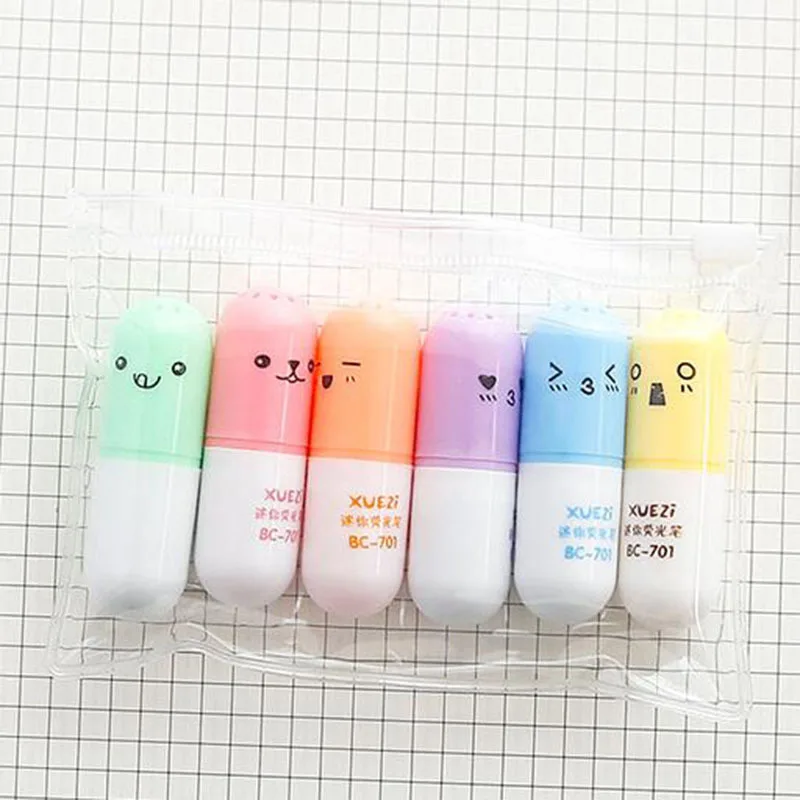 

1 set / lot , Cute Capsule Highlighter , Six Color Mini Marker Pen Set