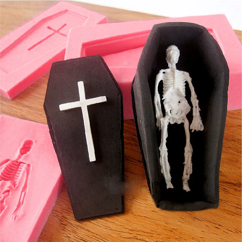 silicone mold halloween 3d coffin in the skull cross skim cake mold chocolate tools for cake