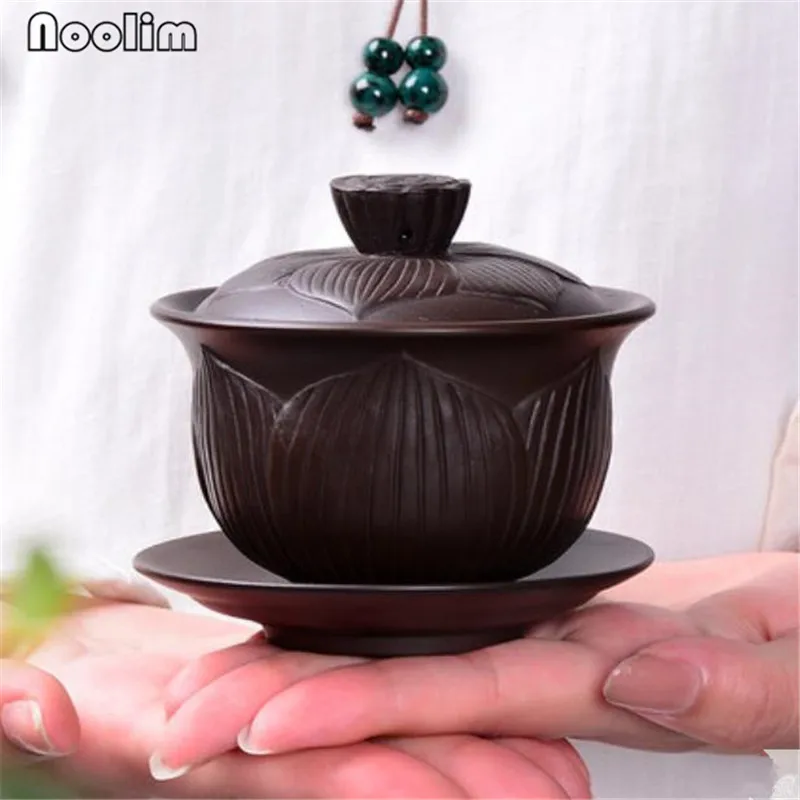 Фиолетовый Глиняный чай Gaiwan чашки лотоса и бамбука тиснение формы чашки ремесла украшения Kong Fu Чай Аксессуары