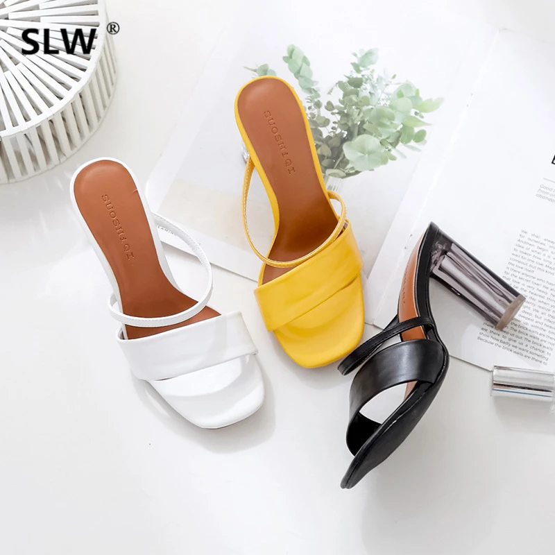 

Slippers Heels Shoes Slides Square Toe Jelly Flip Flops High Sliders Glitter Flat Luxury 2019 Fabric PU Scandals