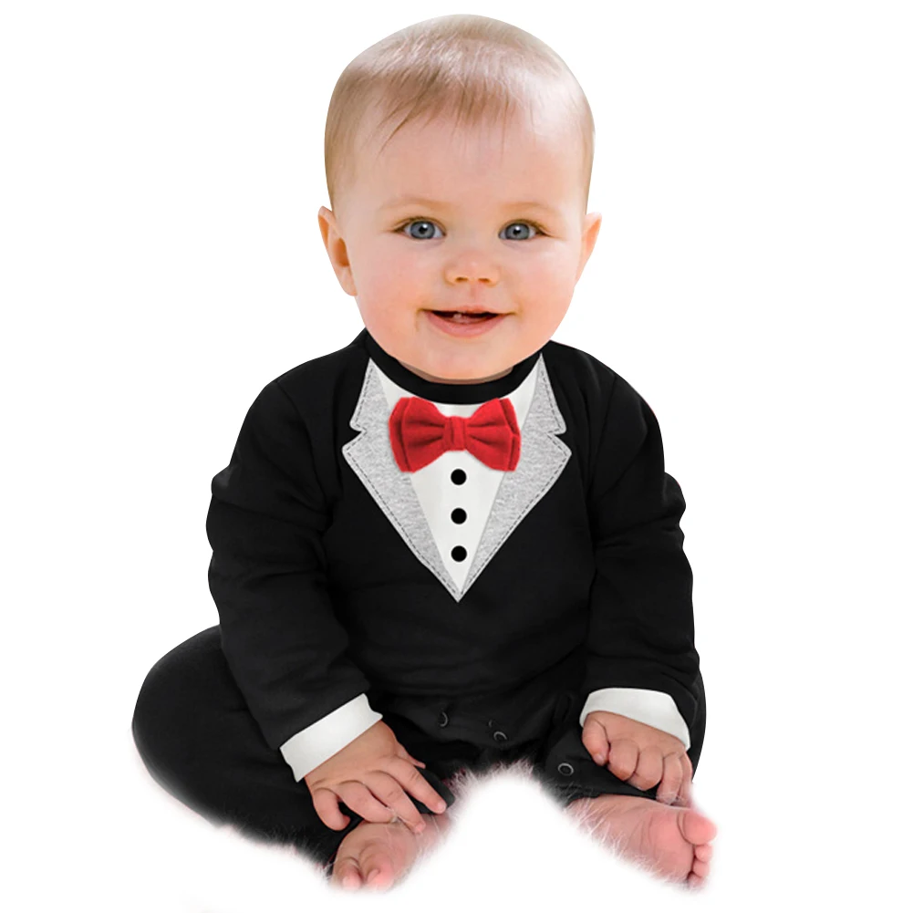 Красивая одежда с помпонами для маленьких мальчиков; костюм с длинными рукавами для малышей; Комбинезон для маленьких джентльменов; черный комбинезон с бантом; деловой костюм