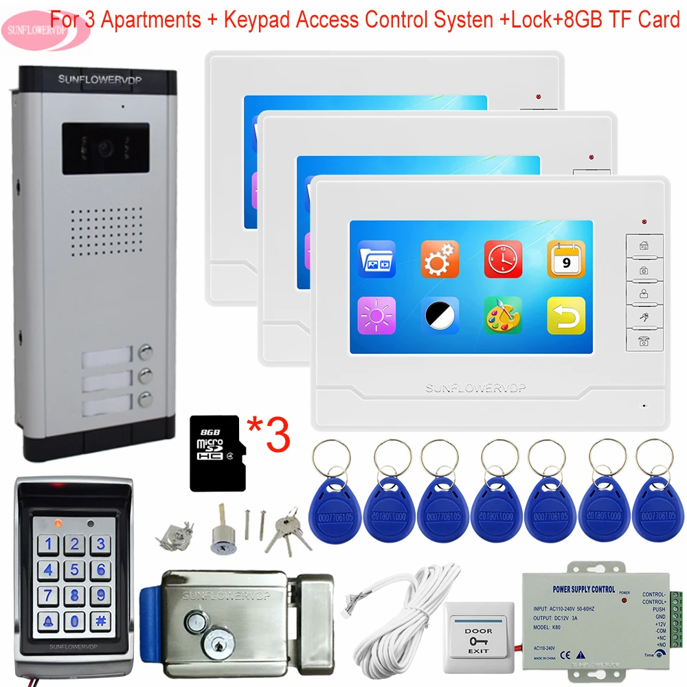 Keypad Access Control 7inch Video Intercom With Recording+8GB TF Card Video Intercom 3 Monitors House Intercom + Electric Lock