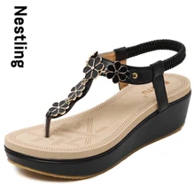 Size 35-40 New 2016 Fashion Flip Flops Summer Beach Shoes Woman Bohemia Style Sweet Flowers Wedges Women Sandals D15