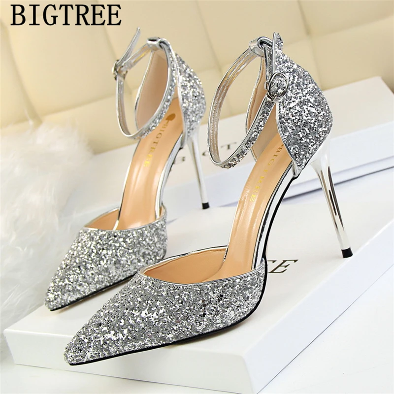 new arrival 2019 mary Jane shoes glitter heels bigtree shoes women pumps stiletto wedding shoes bride red heels tacones mujer