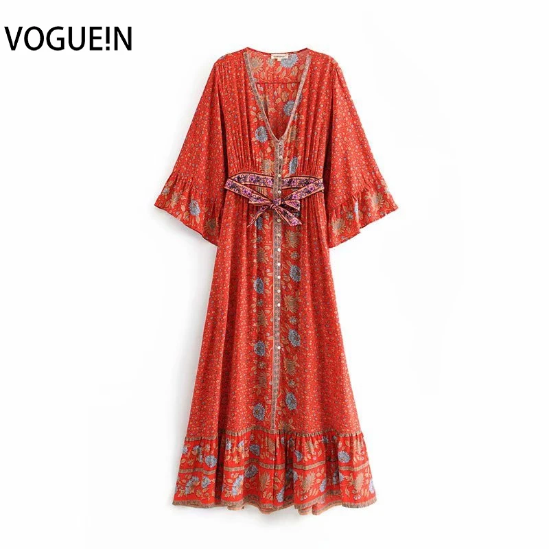

VOGUEIN New Womens Beach Boho Floral Print Red/Green Belt Flare Sleeve Maxi Dress Wholesale