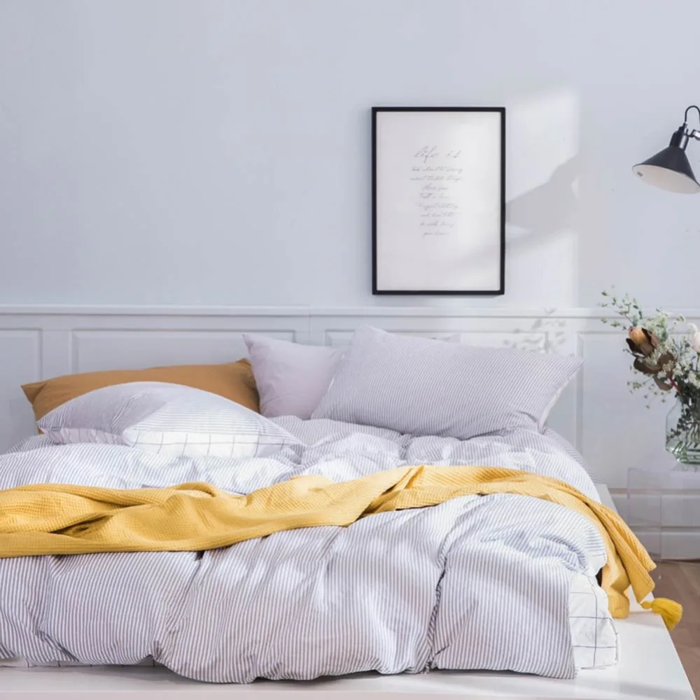 

2019 Simple Grey Lines Scandinavian Bedding Set Duvet Cover 4pcs Twin Queen King Flat Sheet Wash Cotton Bedlinens Pillowcases