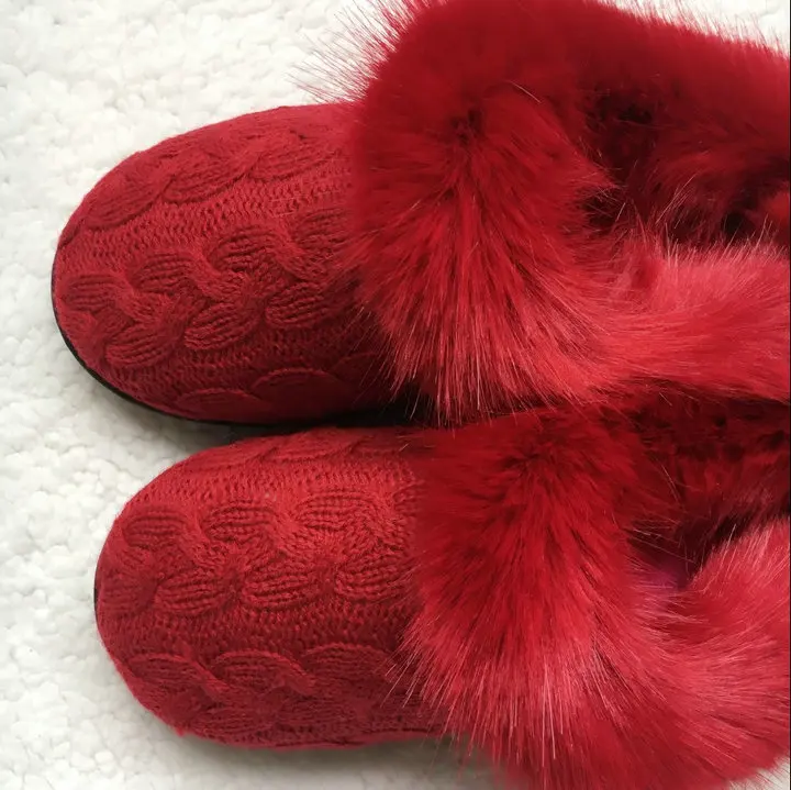 Women's Soft Yarn Cable Knitted Faux Fur Collar Slip On Slippers Memory Foam Anti-Skid Sole House Slipper Shoes (1)