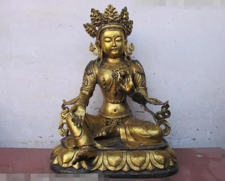 

S06693 15"Tibetan Buddhism Green Tara Gild bronze goddess Guan yin Buddha statue