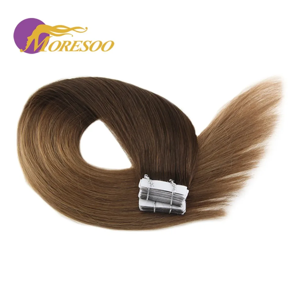 Moresoo Ombre Tape in Hair Extensions Remy Straight Hair Skin Weft Tape Color #3 Brown Fading to #6 Medium Brown Human Hair