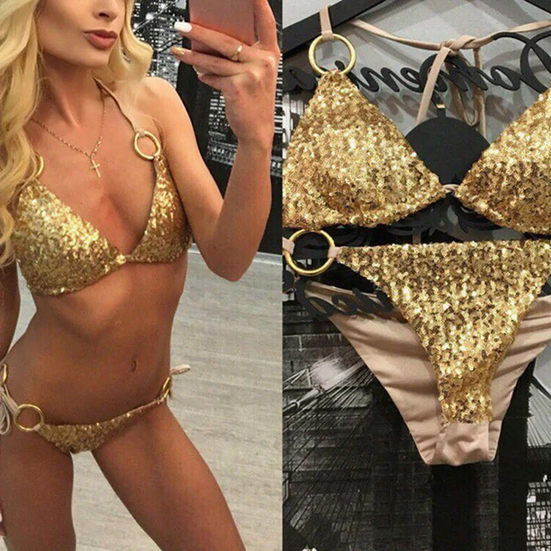 

Sequins Women Swimsuits Sexy Deep V-neck Bikinis Sets Halter Bandage Brazilian Biquinis Femme 2019 Women Swimsuits New