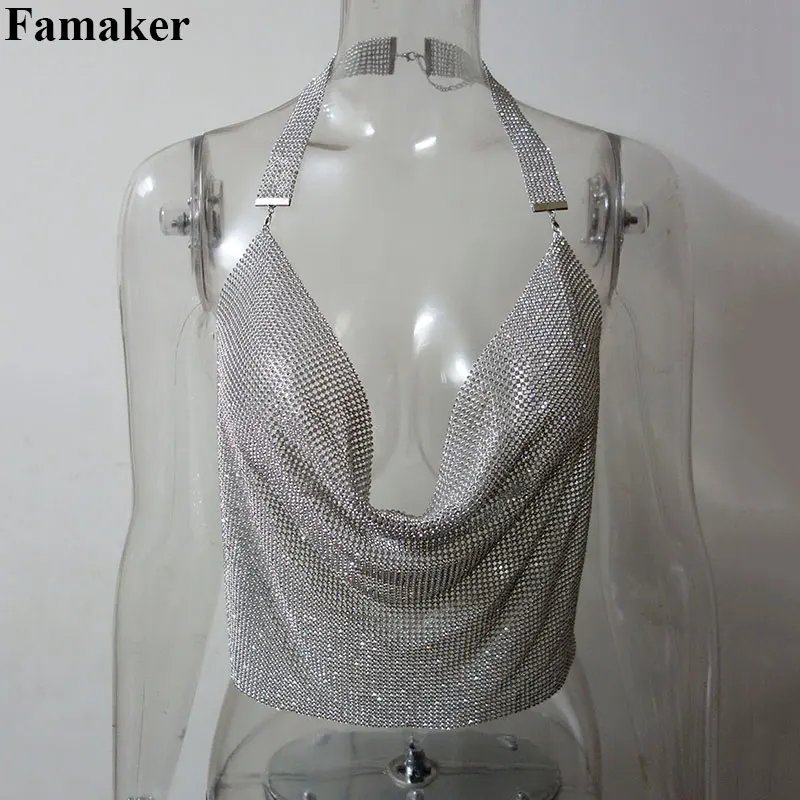 Tanie GACVGA 2019 kryształ pasy Tank Top Sexy Backless lato plaża kobiet Crop Top Halter Camis metalowy Bralette panie Crop Tops