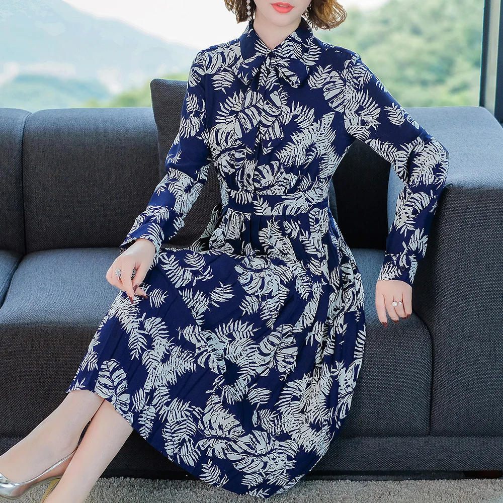 Mode down 2018 Turn Chemise Femmes Imprimer Robe Col Qualité Manches Plissée Longue Vintage Automne Européenne Printemps Longues Haute vExqwfEFAr