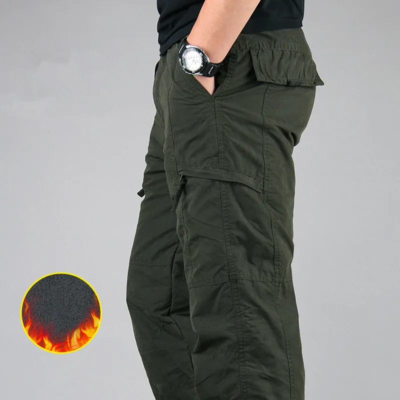 Мужские брюки карго зимние Утепленные флисовые брюки карго мужские повседневные хлопковые военные тактические мешковатые брюки теплые брюки размера плюс 3XL - Цвет: Army green