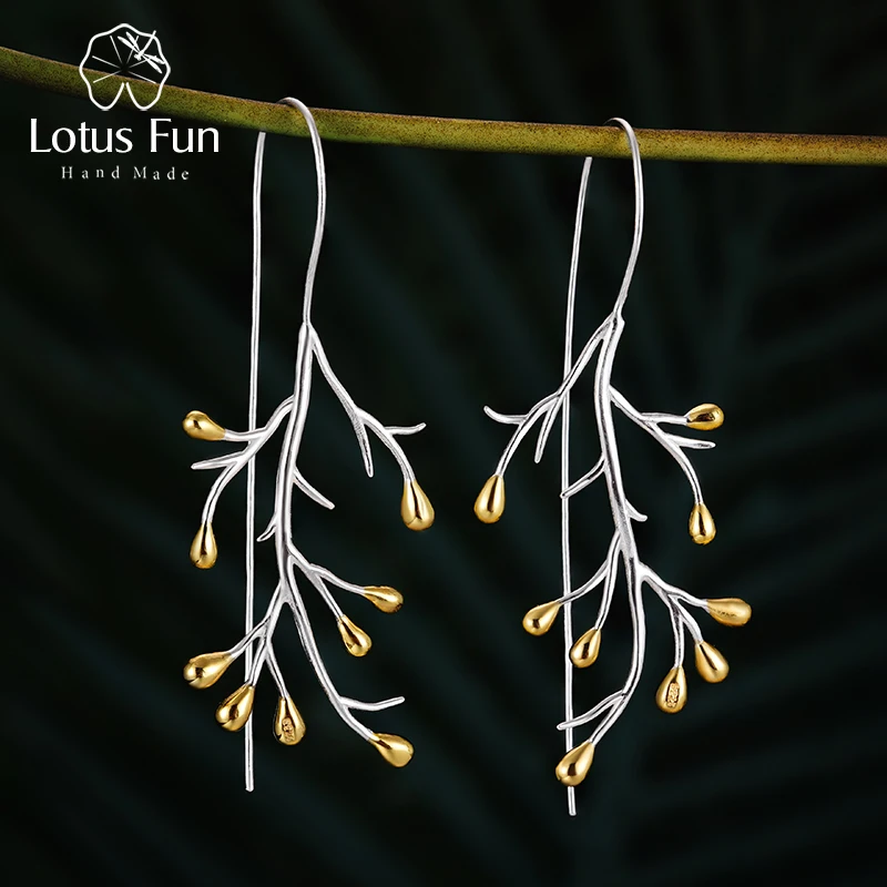Online Lotus Fun Plata de Ley 925 auténtica pendientes Natural creativa joyería fina de declaración árbol moda pendientes de gota para mujeres Brincos