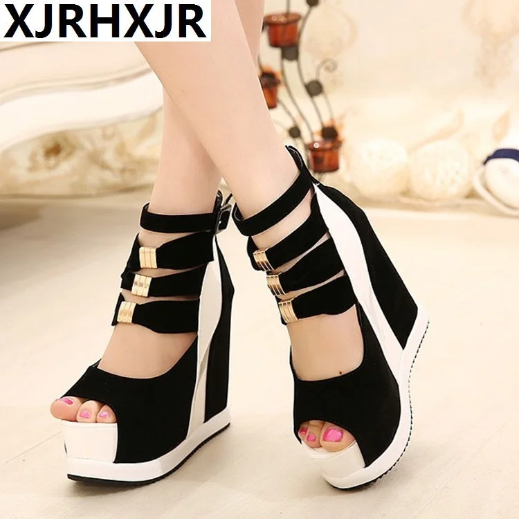 

Genuine Women Platform Sandals 2017 Wedges High heel 14.5cm Peep Toe Mixed Colors Summer Sweet Woman Shoes Sexy Ladies Shoes