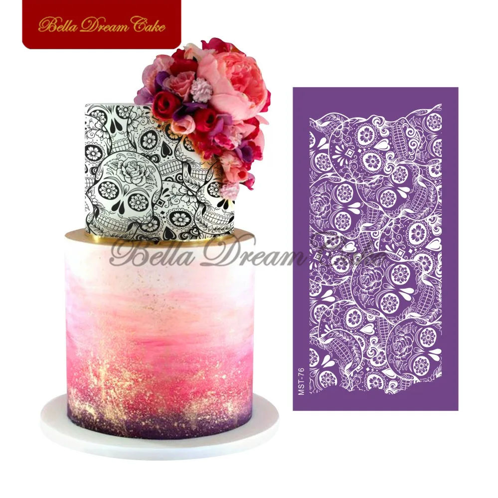

Halloween Skull Pattern Mesh Stencil Cake Stencil Fondant Lace Fabric Chocolate Mould Cake Decorating Tools Bakeware MST-76