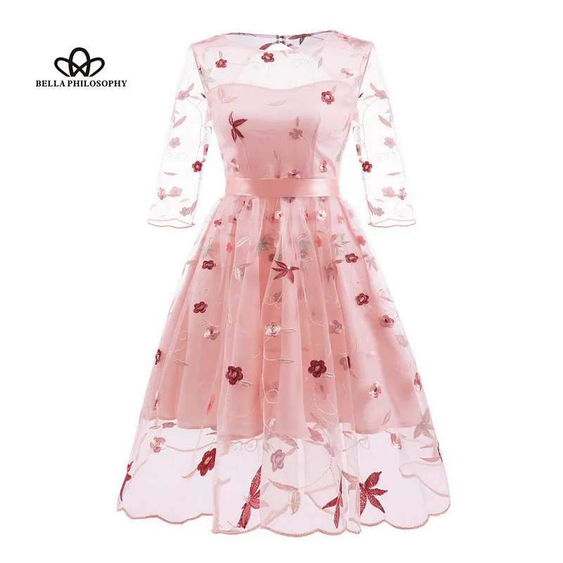 Bella Philosophy 2018 Autumn Sweet Lace Embroidery Dress Three Quarter ...