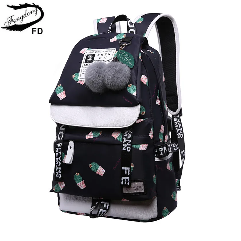 FengDong cute cactus printing school backpack for girls waterproof bag children school bags female travel laptop backpack usb