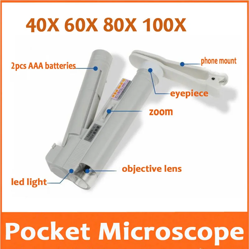 

40X 60X 80X 100X LED Illuminated Adjustable Zoom Pocket Microscope Handheld Magnifier Foldable Reading Glass with Phone Mount