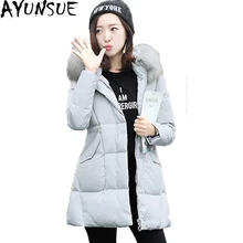 Зимняя куртка женщина большой меховой воротник Длинная Парка женская с капюшоном Белое пуховое пальто дамы плащ верхняя одежда Doudoune Femme ST512