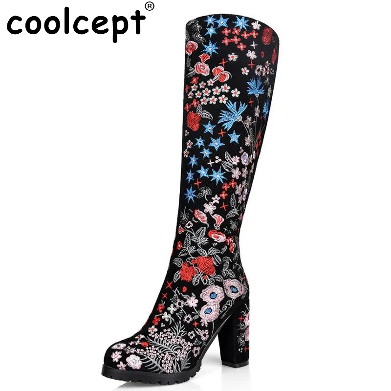 

Women Boots Real Leather Knee Boots Ladies High Heel Embroidery Botas Mujer Winter Fashion Zipper Heeled Women Shoes Size 33-43