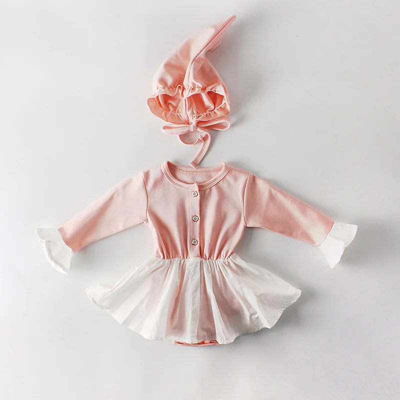 

2pcs Newborn Baby Girl Rompers Set +Hat Soild Cotton Bell Long Sleeve Dress Jumpsuit For Infant Girls 1st Clothes 2019 summer