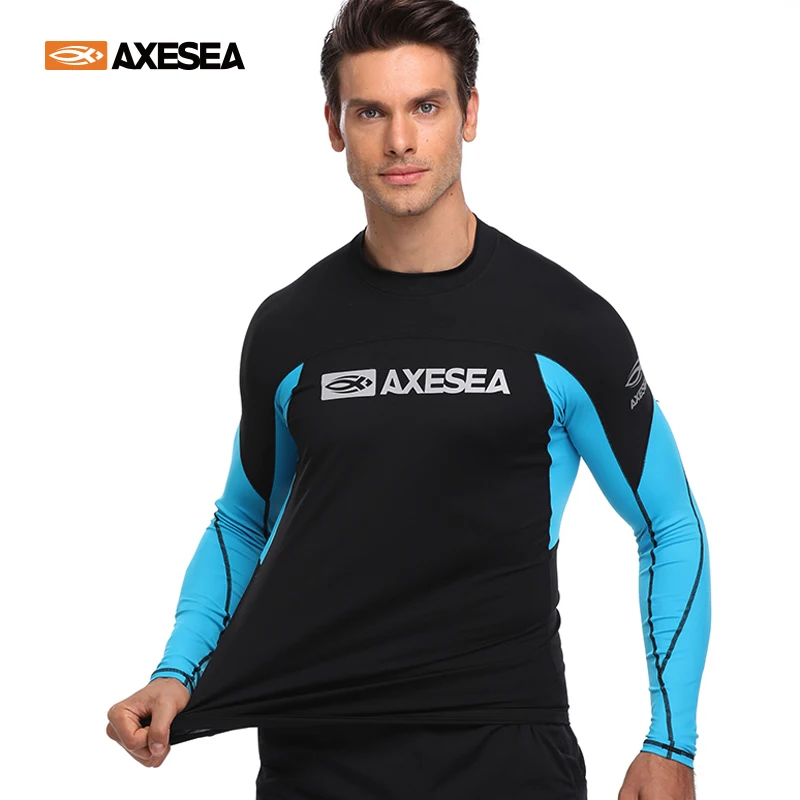 AXESEA Men Rash Guard Patchwork Swimwear Long Sleeve Rashguard Sun Protection Swimsuit Surfing Shirt Top UPF50+ Sport Beachwear