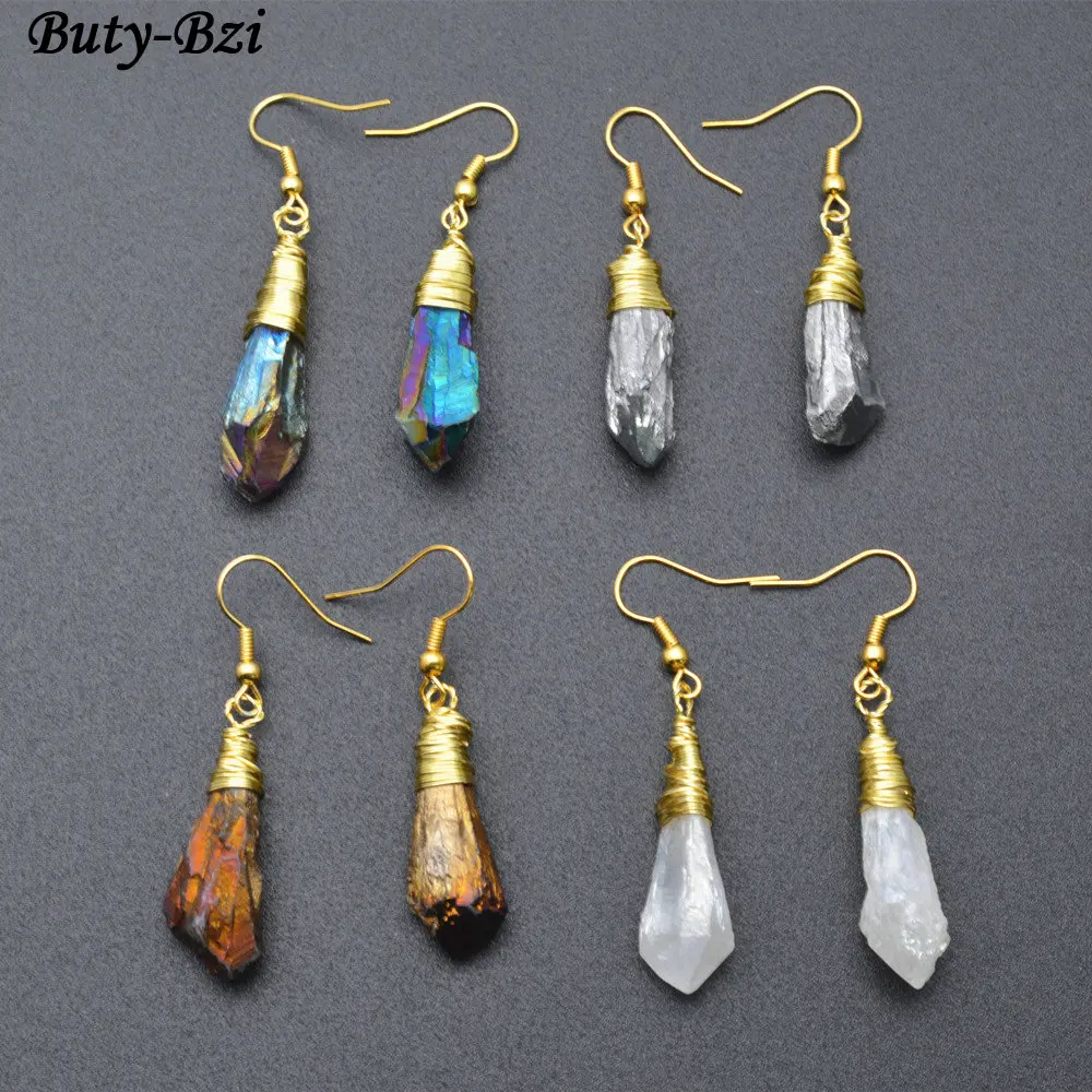 

Handmade Natural Crystal Quartz Stone Point Wire Wrapped Dangle Earrings Fashion Woman Jewelry Gift Titanium Electroplating