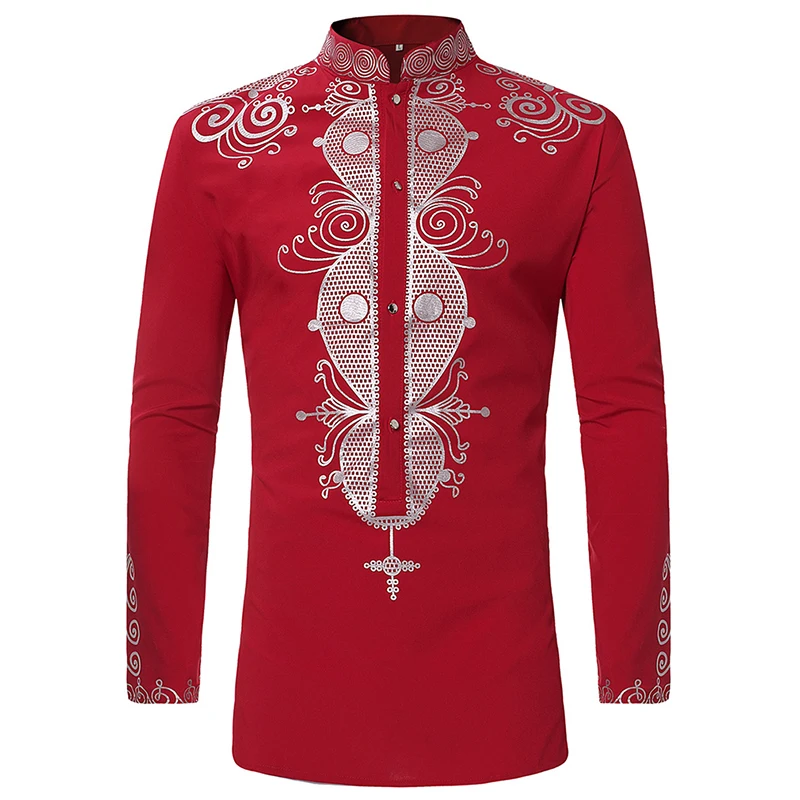 Vintage Men Shirts African Ethnic Print Long Sleeve Stand Collar Shirts