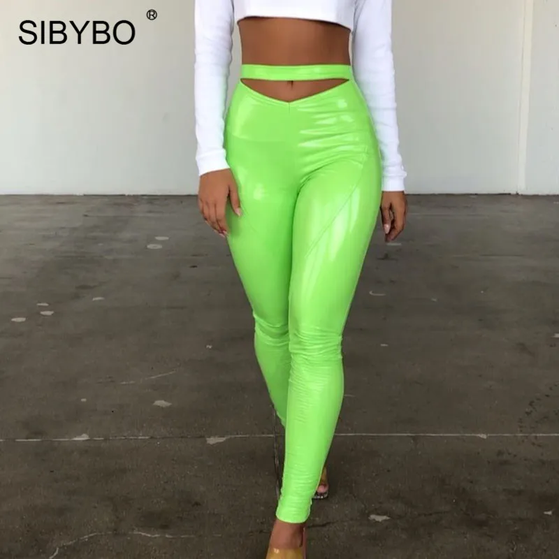 

SIBYBO PU Leather High Waist Sexy Pants Women Fashion Hollow Out Summer Pencil Pants Solid Streetwear Casual Women Trousers