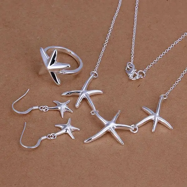 S175 Charm Silver Color 925 Jewelry Sets For Women Fashion Starfish Ring Drop Earrings Necklace /alnajcua Axfajoma | Украшения и