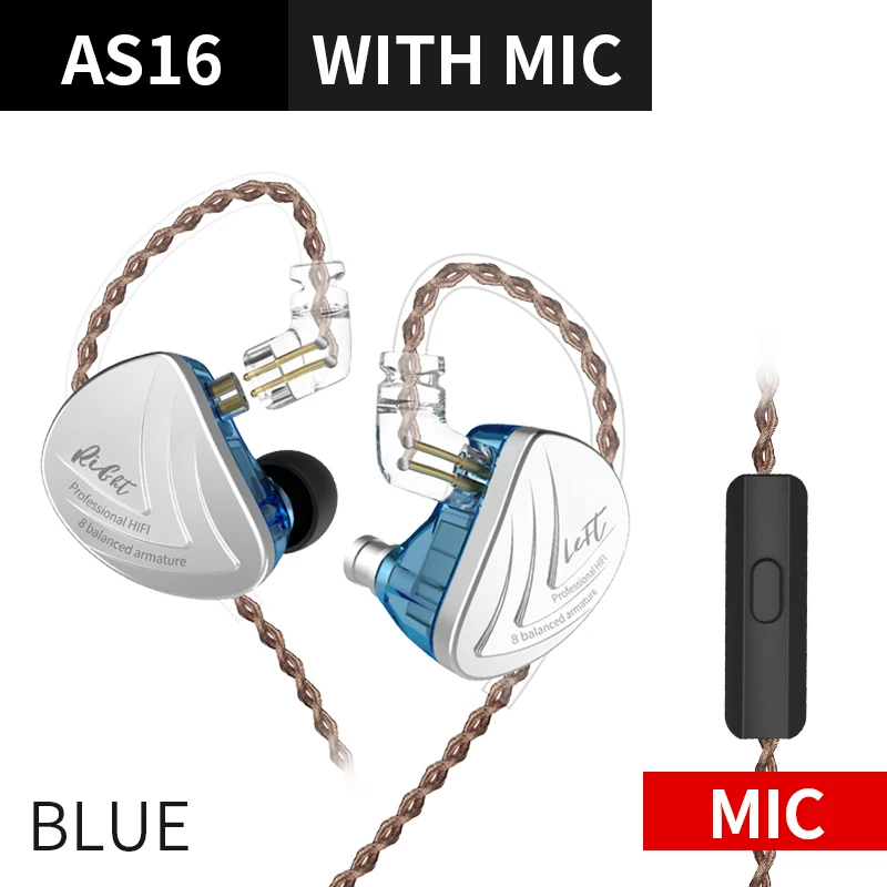 KZ AS16 наушники 16BA с сбалансированным арматурным шумоподавлением, спортивные наушники-вкладыши, гарнитура для телефона, музыкальные игровые наушники - Цвет: Blue Mic