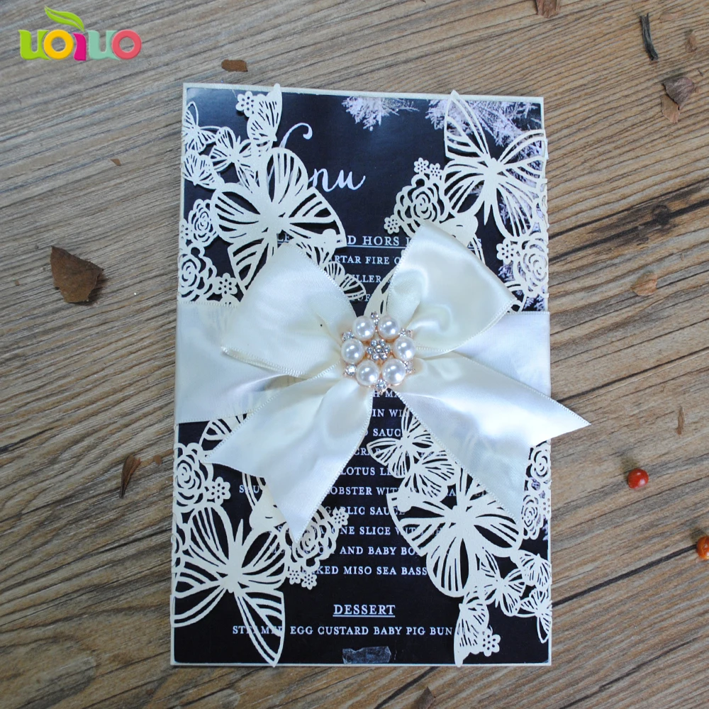 Laser Cutting Butterflies Wedding Invitation Cards Envelopes+Seals+Ribbon 