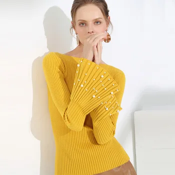 

Nonis Thick Flare Long Sleeve Beading Slash Neck Sweater Pullover For Women Slim 2019 Spring Winter Jumper Female Streetwear