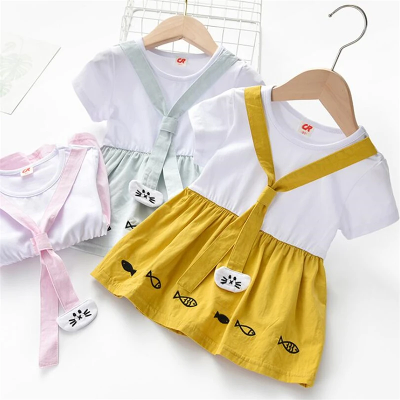 

Lovely Baby Dress Girl Old School Style Cute Fish Tie Baby Girls Short Sleeve Dress Cotton Kids Clothing