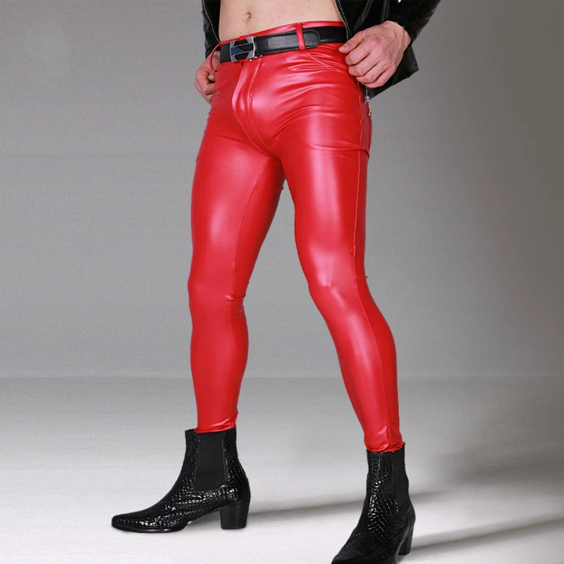 

Fashion Latex Men's Pants Skinny Glossy PU Leather Pants Slim Feet Legs Motorcycle Stage Pants Men Clothes 2018 Hip Hop