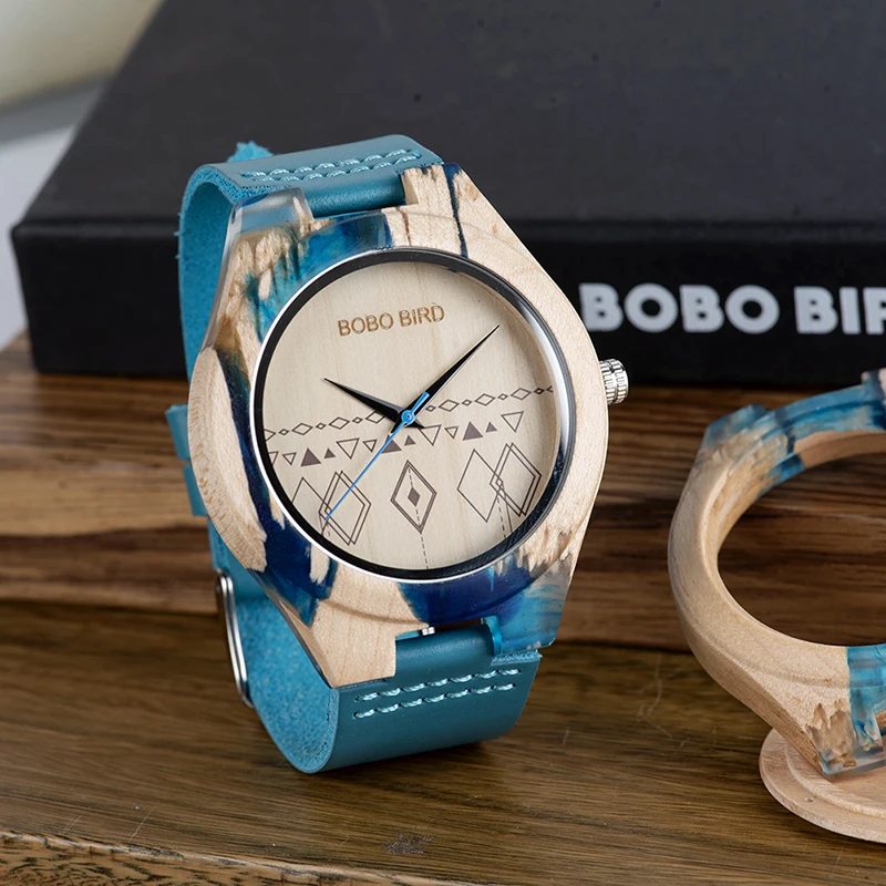 reloj mujer BOBO BIRD Women Watches Wood Bamboo Wristwatch Blue Soft Leather Men Watch Quartz Timepieces Custom Gifts C-S07