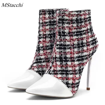 

Mstacchi 2018 Large Size Women Boots Fashion Plaid Pointed Toe High Heels Women's Shoes Sexy Spring Autumn Ankle Boots Female