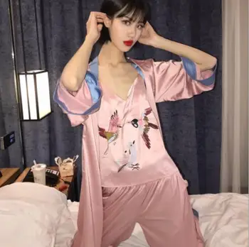 

Women Print Silk Satin pajamas Sets Casual Femme Home Sexy Women Pajamas Suits Sleepwear robes+top+pants