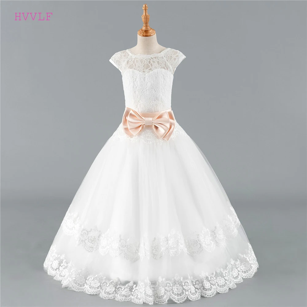 

2019 Flower Girl Dresses For Weddings Ball Gown Cap Sleeves Tulle Lace Appliques Bow Long First Communion Dresses Little Girl