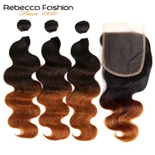 Rebecca Ombre Bundles Con Chiusura 1B/Brasiliano di 4/30 Dell'onda Del Corpo Bundle Con Chiusura Non Remy Dei Capelli Umani 3 Bundles con Chiusura