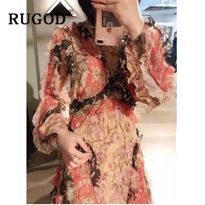 Женское шифоновое платье RUGOD разноцветное асимметричное с оборками и длинным