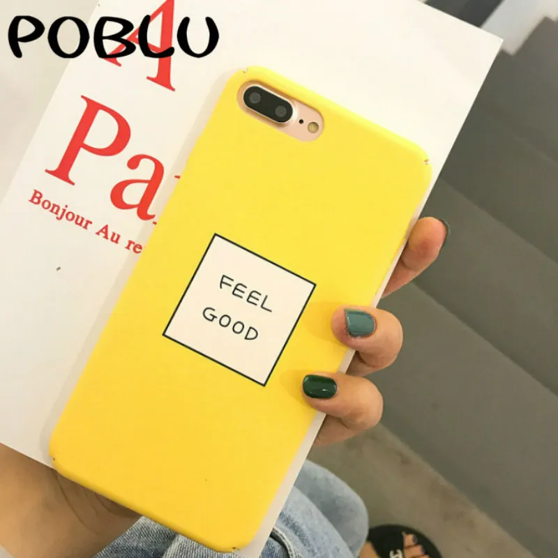 POBLU Cool English Letter Feel Good Phone Case For iphone X Lovely Yellow Hard PC Cover Cartoon Shell 6 6S 7 8 Plus |