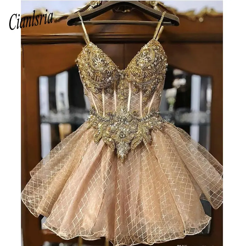 

2019 Champagne Beaded Crystals Homecoming Dresses Spaghetti A-line Lace Graduation Dresses Short Sexy Cocktail Party Gowns