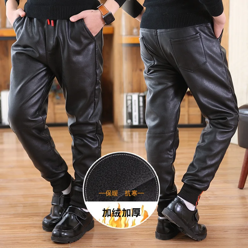 

Boy Leather Pant For Teenager 2018 New Fashion Black Casual Pu Pant With Velvet Big Boys Korean Style Trousers 5 6 8 10 12 14 15