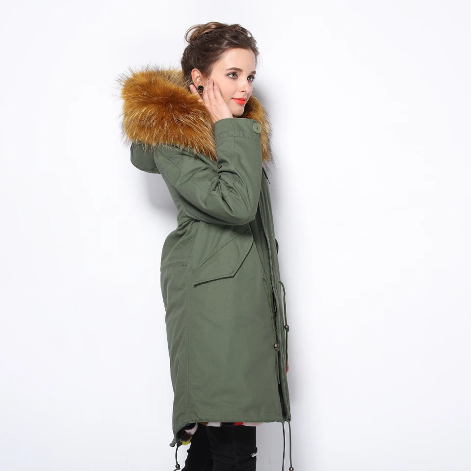 Furlove зимняя куртка, пальто Женщины Природный большой енота меховым воротником с капюшоном джинсовые женские парки верхняя одежда Съемная кролик подкладка